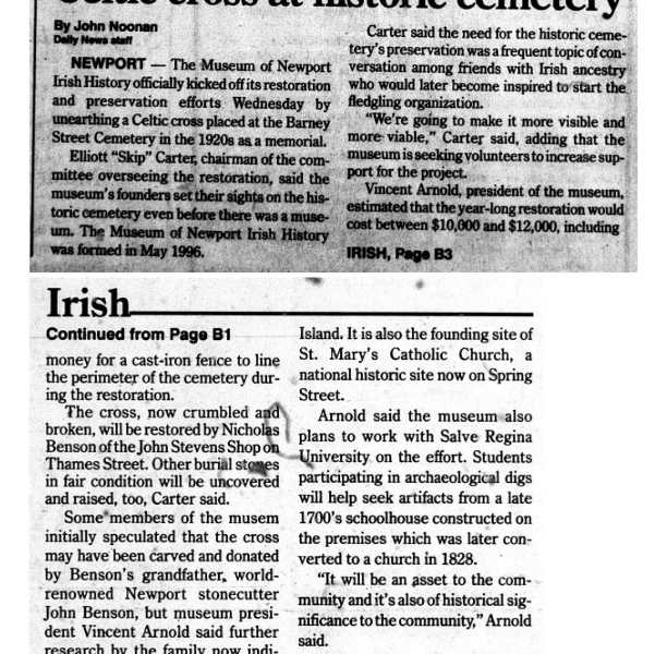 Newport Daily News – “Irish History Museum Unearths Celtic Cross at Historic Cemetery”