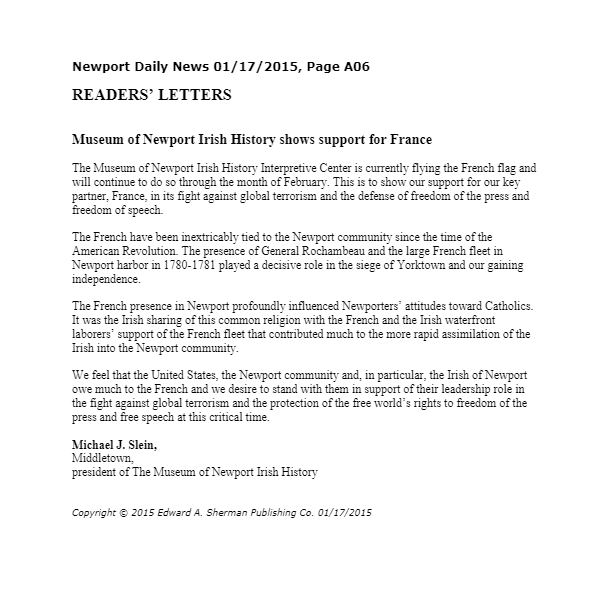 Newport Daily News – “Museum of Newport Irish History shows support for France”