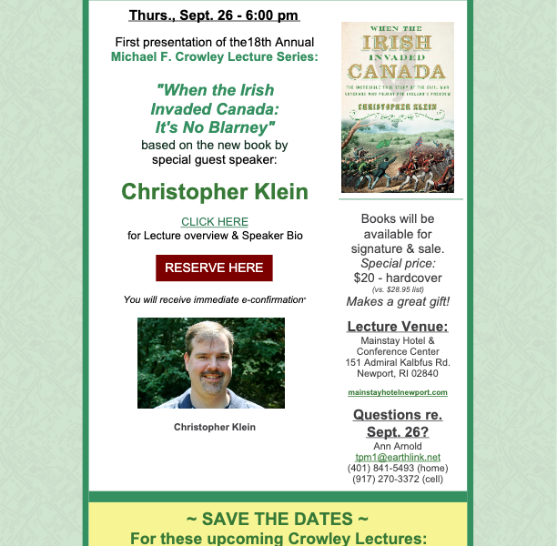 Last Call for Reservations: Lecture by Christopher Klein