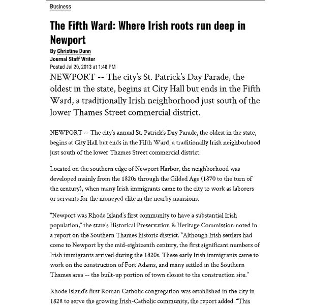 Providence Journal – “Fifth Ward, Where Irish Roots run Deep in Newport”