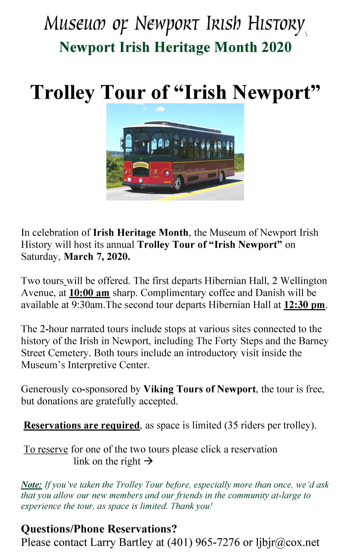 Flyer - 2020 Trolley Tour of Irish Newport