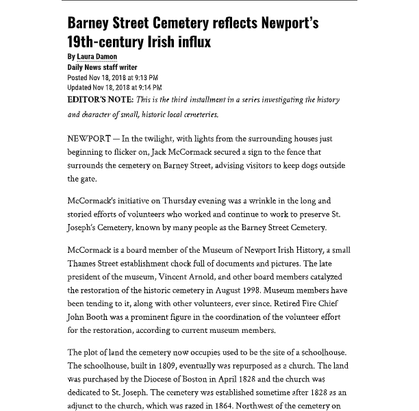 Newport Daily News – “Stories amid the stones: Barney Street Cemetery reflects Newport’s 19th-century Irish influx”