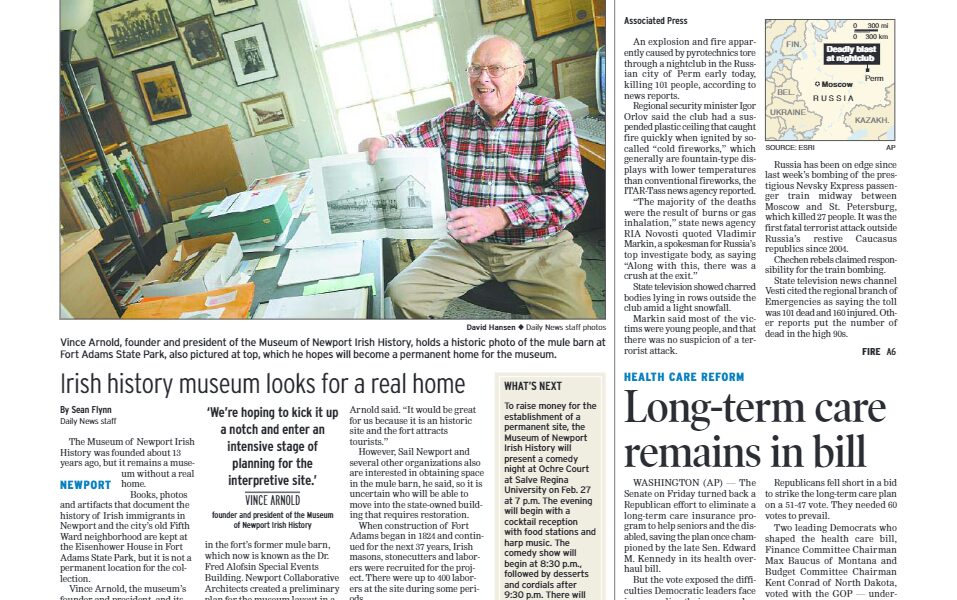 Newport Daily News – “Irish Eyes Turn to State Park for Museum”