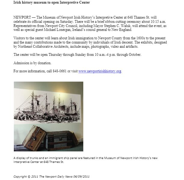 Newport Daily News – Irish History Museum to Open Interpretive Center