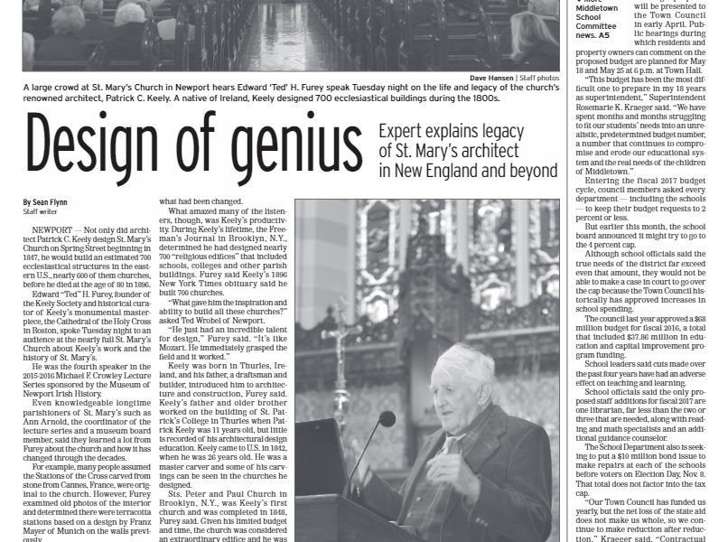 Newport Daily News – “Design of genius – Expert explains legacy of St. Mary’s architect in New England and beyond”