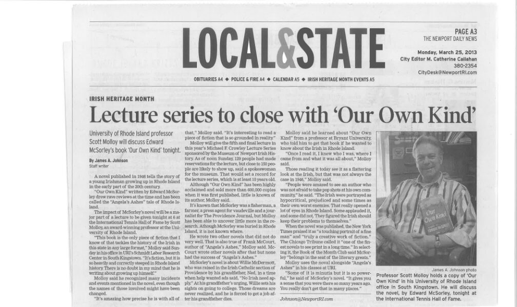 Newport Daily News – “Lecture series to close with ‘Our Own Kind'”