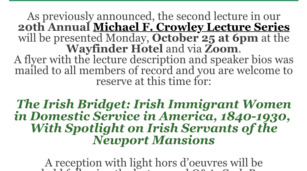 Reservations now being taken for Oct. 25 “Irish Bridget” lecture