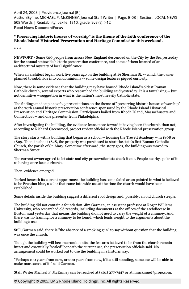 Providence Journal Preserving Historic Houses of Worship Conference (origin of 19 Sherman St