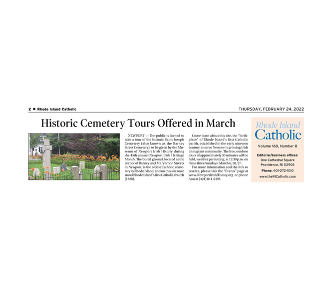 Rhode Island Catholic – “Historic Cemetery Tours Offered in March”