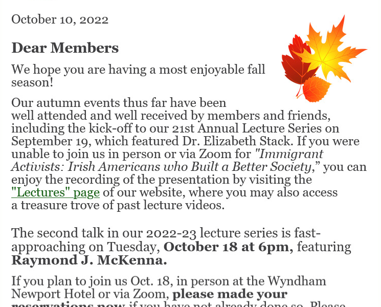 You are invited: Oct. 18 Lecture at Wyndham Newport Hotel and via Zoom