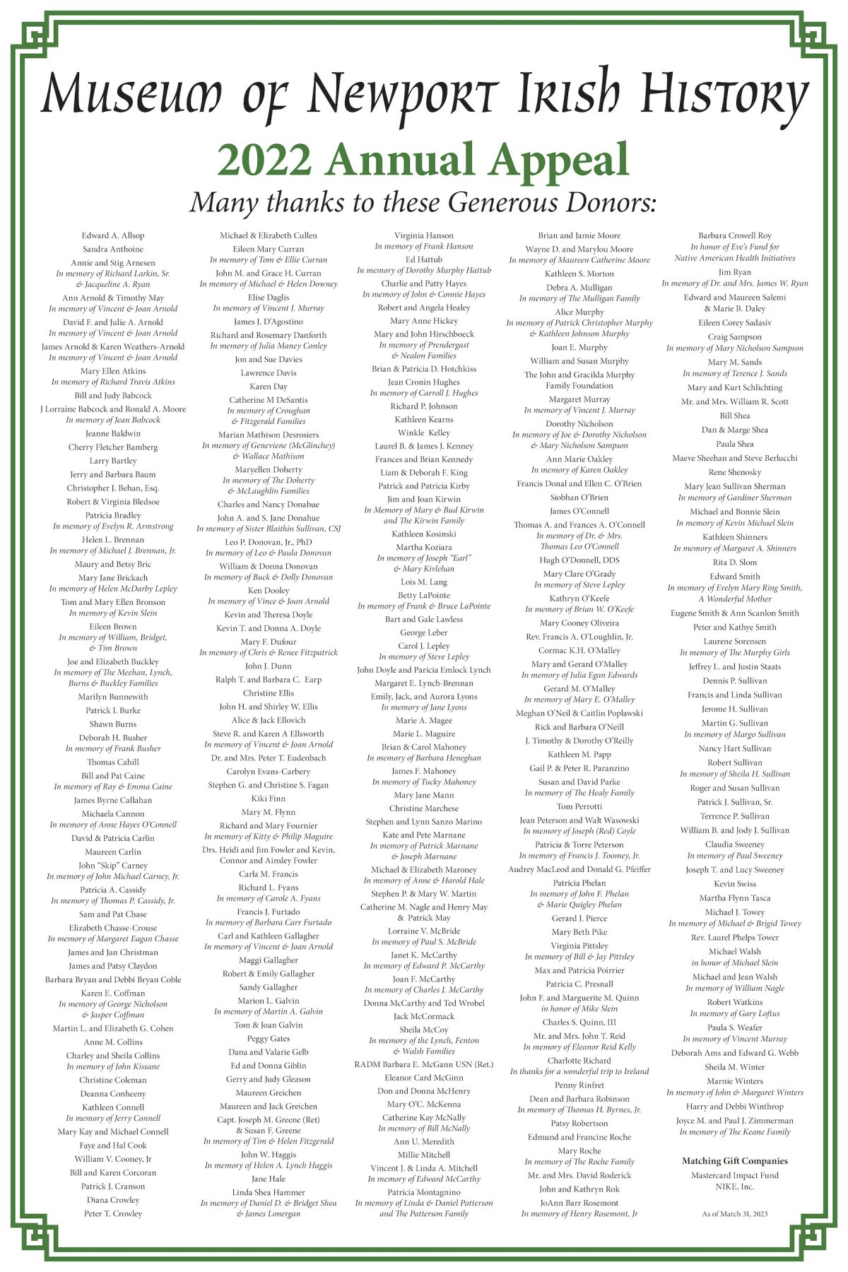 Museum of Newport Irish History Donors